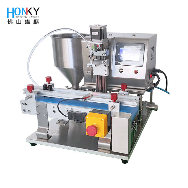 Desktop Conveyor Type Skin Care Cream Bottle Filling Machine With Q-R Ceramic Piston Pump For Small Batch Packing